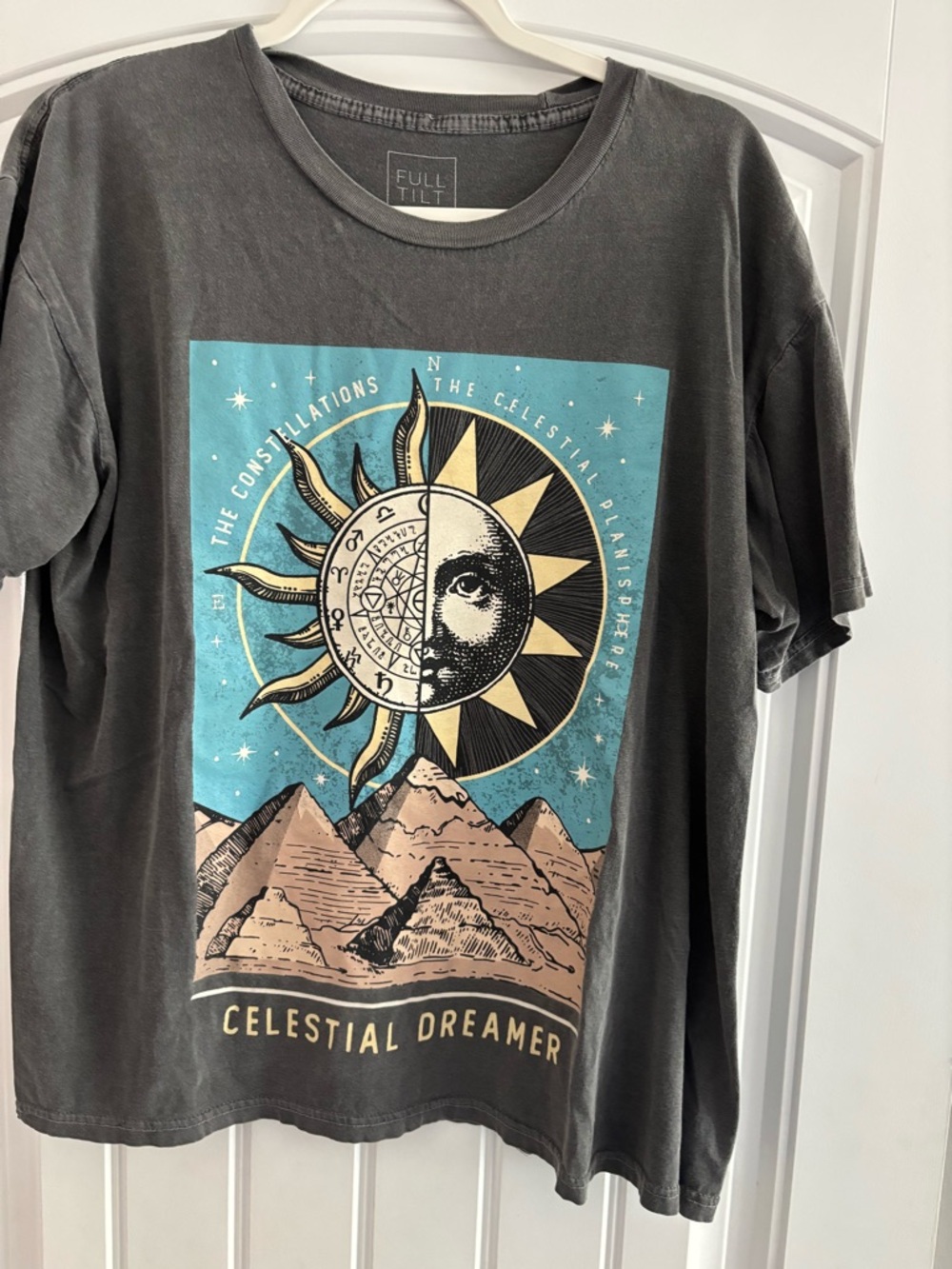 Full Tilt Charcoal Graphic Tee with Blue and Tan Celestial Print